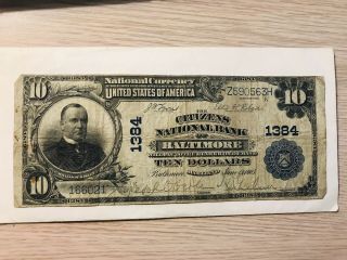 Large $10 National Currency Series 1902 Banknote Baltimore 1384