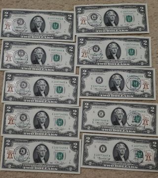10 Consecutive Serial 1976 $2 Two Dollar Bill First Day Stamped At Monticello