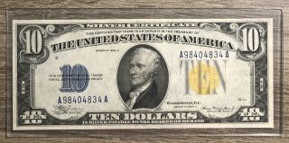 Series 1934 Us 10 Dollar Bill Silver Certificate Yellow/gold Seal