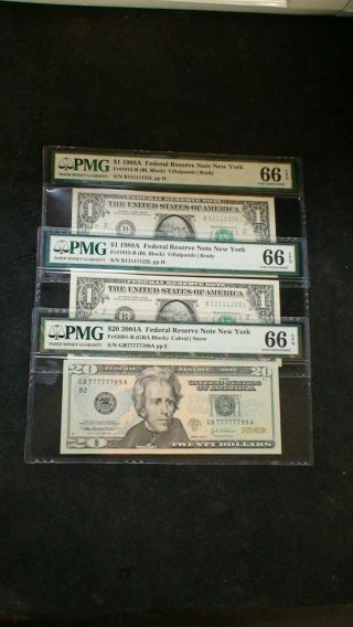 3 York One & Twenty Dollar Pmg Gem 66 Epq Fancy Serial Notes $1 - $20 Bills