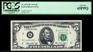 Scarce 1974 $5 York Federal Reserve Star Note Frn • 1973 - B • Pcgs 65 Epq