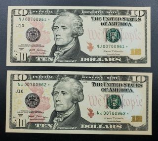 2 Consecutive 2017 $10 Frn Federal Reserve Star Note Low Serial Choice Unc