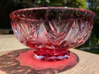 Vintage Cranberry Red Cut To Clear Crystal Glass Bowl With Sticker.