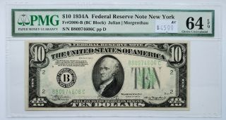 1934a $10 Federal Reserve Note York | Pmg 64 Choice Uncirculated