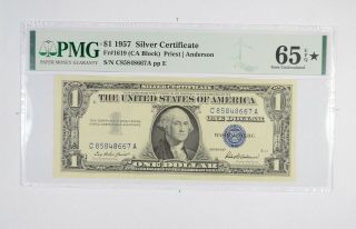 $1 1957 Silver Certificate Pmg 65 Epq Star Gem,  Fr 1619 (ca Block) 151