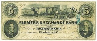 1853 The Farmers & Exchange Bank Of Charleston,  Sc $5 Obsolete Note Vf