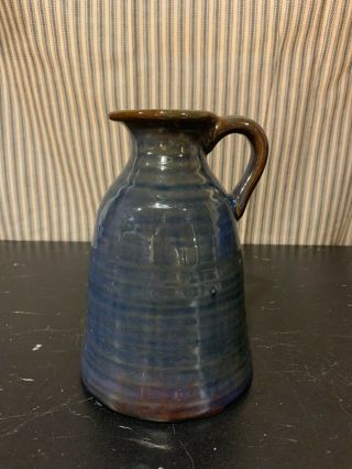 Vintage Hand Thrown Studio Pottery Pitcher Vase Indigo Blue&brown Glaze Med Size