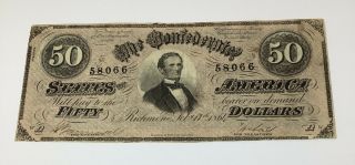 1864 Confederate States Of America $50 Fifty Dollar Richmond