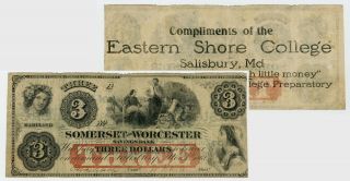 1862 $3 Somerset And Worcester Savings Bank - Maryland Note W/ College Ad