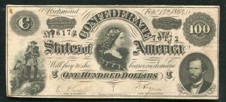 T - 65 1864 $100 One Hundred Csa Confederate States Of America “lucy Pickens” (c)