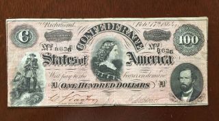 1864 $100 Dollar Bill Confederate States Currency Civil War Note Paper Money