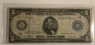 1914 $5 Frn Blue Seal 1 - A Boston Note,  White/mellon Fr.  847a