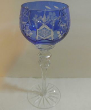 Vtg Bohemian Czech Cobalt Blue Cut To Clear Crystal Wine Hock Glass Stem 8 1/8 "