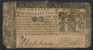 Colonial Currency Apr 10,  1774 Maryland $2 Two Dollars.
