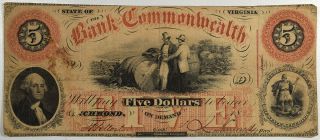July 1861 $5 Bank Of The Commonwealth Richmond Va - Fine/very Fine