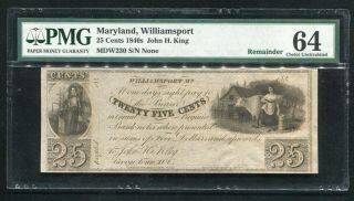 1840’s 25 Cents John H.  King Williamsport,  Md Obsolete Remainder Pmg Unc - 64 (k)