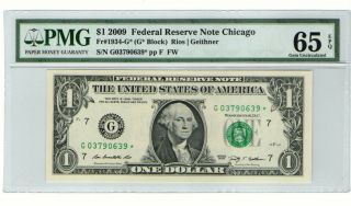 Scarce 2009 $1 Dollar Chicago Star Note Pmg Grade 65 Gem Unc.  Epq.