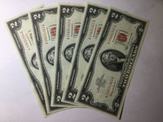1963 $2 Red Seal Two Dollar Bills 5 Consecutive Bep Gem Uncirculated Notes