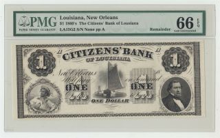 1860s Us $1 Citizens Bank Of Louisiana Orleans Pmg 66 Epq Gem Uncirculated