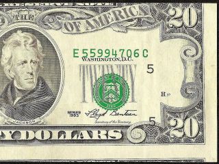 1993 $20 Dollar Bill Misaligned Face Printing Error Note Paper Money Crisp Vf