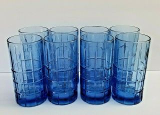 Set Of 8 Anchor Hocking Tartan Blue Glass Tumblers 6 - 1/8 " Iced Tea Water Glasses