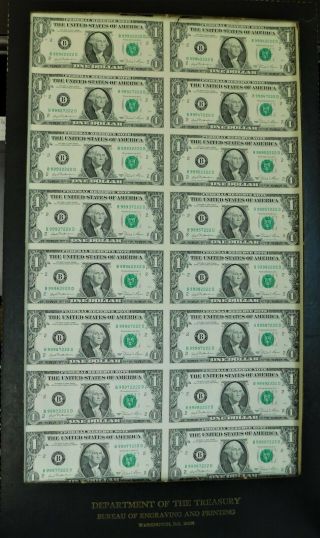 Uncut sheet of U.  S.  Federal Reserve Note $1 dollar bills,  1981 series 2