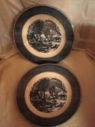 Vintage Currier And Ives Royal China Set Of 2 10 " Dinner Plates - Old Grist Mill
