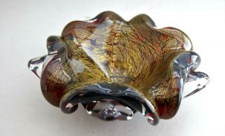 Vintage Murano Art Glass Candy Dish Burgandy With Heavy Gold Inclusion Stunner