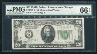 Fr.  2056 - G 1934 - B $20 Frn Federal Reserve Note Chicago,  Il Pmg Gem Unc - 66epq (c)