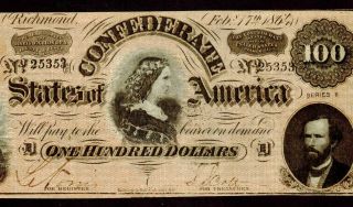 Cs - 65.  $100 1864 Confederate States Of America Xf,  / Au