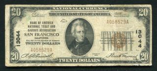 1929 $20 Bank Of America San Francisco,  Ca National Currency Ch.  13044 (c)