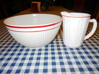 Vintage Hazel Atlas Glass White Mixing Bowl & Pitcher Red Stripes