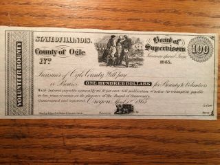 1865 Ogle County Illinois Volunteer Bounty Certificate w/stub Oregon,  Illinois 2
