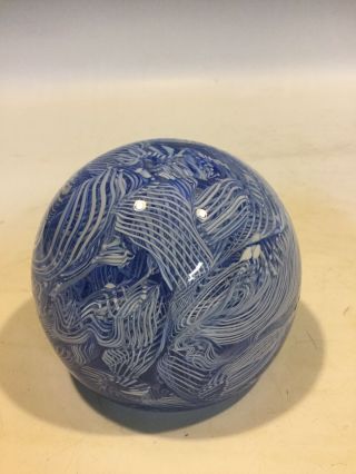 Swirling Blue & White LATTICINO SCRAMBLE Paperweight MURANO Art Glass 3