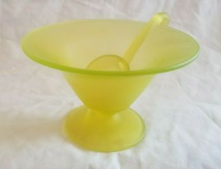 Tiffin Glass Canary Yellow Satin Vaseline Uranium Compote Bowl With Spoon Ladle