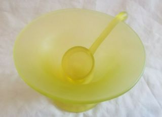 Tiffin Glass Canary Yellow Satin Vaseline Uranium Compote Bowl with Spoon Ladle 2