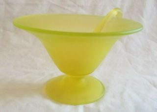 Tiffin Glass Canary Yellow Satin Vaseline Uranium Compote Bowl with Spoon Ladle 3