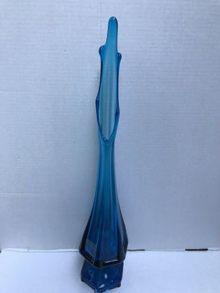 Vtg Mid Century Modern Viking Peacock Blue Swung Art Glass Stretch Vase - 1960s