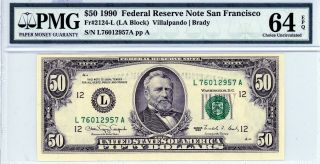 $50 1990 Federal Reserve Note San Francisco Fr 2124 - L (la Block) Pmg 64 Epq