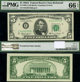 Fr.  1968 E $5 1963 - A Federal Reserve Note Richmond E - B Block Gem Pmg Cu66 Epq