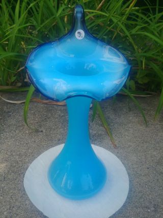 Fenton Blue Opalescent Ebony Crest Jack In Pulpit Vase