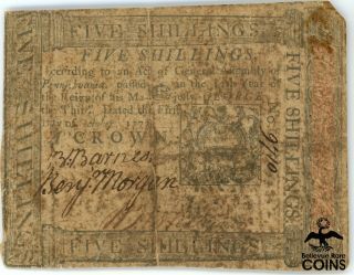 1773 United States 5 Shillings Colonial Currency Note 9710