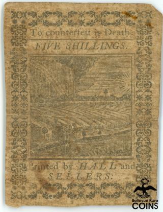 1773 United States 5 Shillings Colonial Currency Note 9710 2