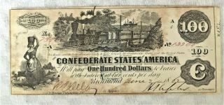 1862 Civil War Confederate States Of America $100 Note