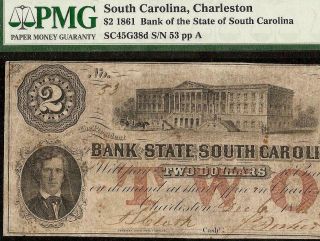 Large 1861 $2 Dollar Low 53 South Carolina Bank Note Currency Paper Money Pmg