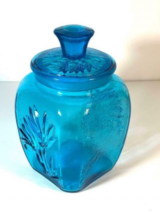 Large Vintage Turquoise Blue Square Pressed Glass Canister W/ Glass Lid