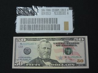 2013 $50 Us Dollar Bank Note Ml 51251251 A Repeater Note Usd Unc Cu Usa
