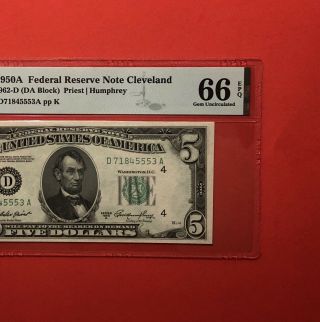 1950 - A - $5 Federal Reserve Note (cleveland),  Graded By Pmg Grm 66epq