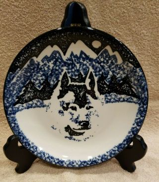 Folk Craft " Wolf " Salad Plate Tien Shan 7 " Black&blue Sponge Art Stoneware