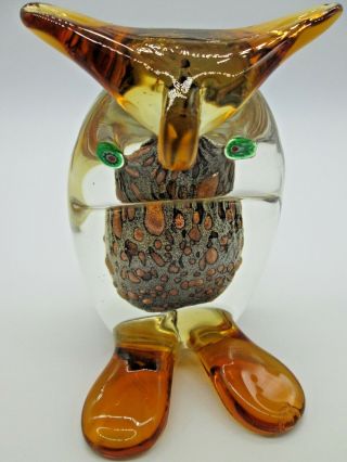 Vintage Murano Millefiori Art Hand Blown Amber Glass Owl Paperweight 5  Tall